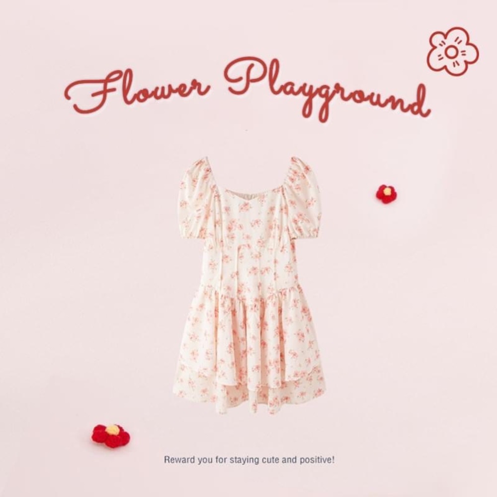 NWT LEDiN - Korean Style Red Flowers Print dress - Picture 2 of 4